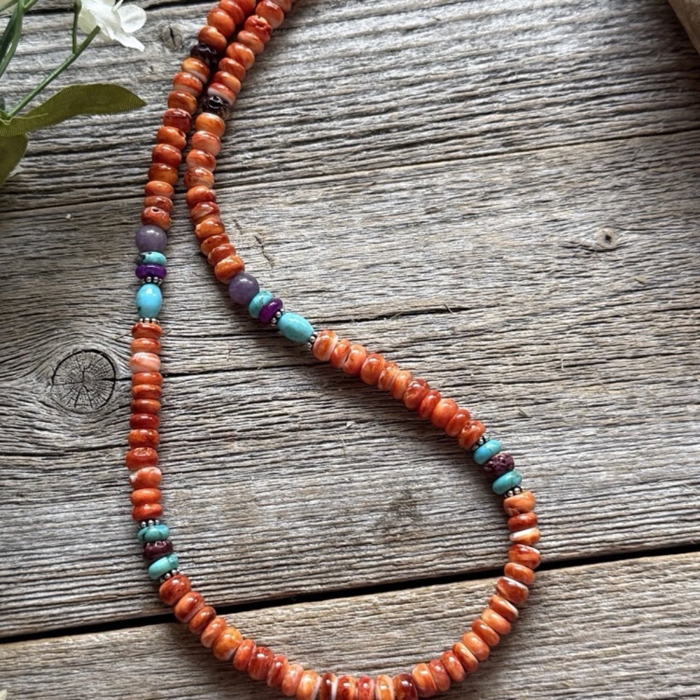 Orange Spiny Oyster Multi Stone Color Sterling Silver Bead Necklace 18 inch Gift - Picture 7 of 12